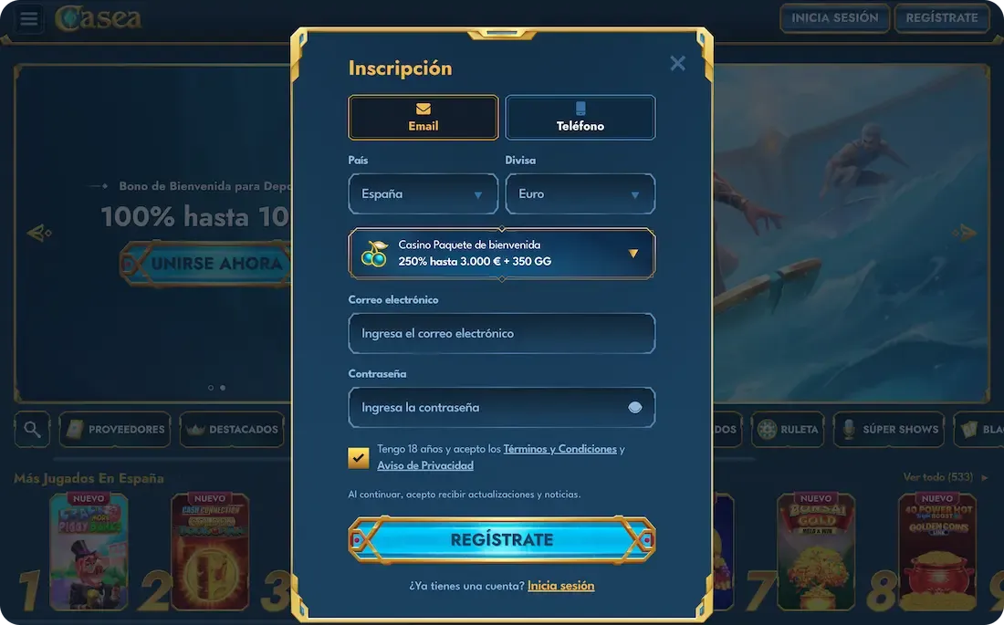 registro en el casino casea